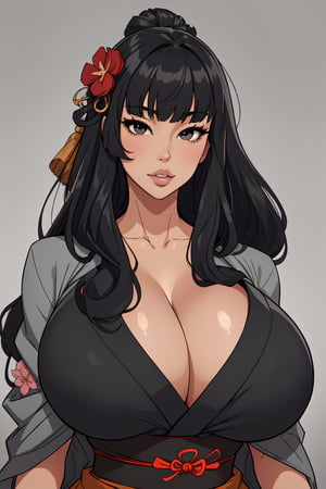 1girl, solo, long hair, looking at viewer, bangs, black hair, hair ornament, closed mouth, upper body, japanese clothes, hair flower, kimono, grey background, black eyes, lips, sash, realistic, ,Sexy Pose,