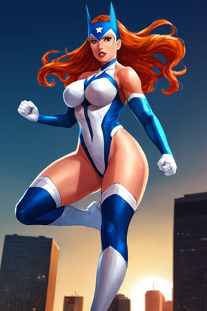 
Create an image of a female superhero posing in the air, dressed in blue and white attire. She has a determined and confident expression, with her body poised gracefully as if she is mid-flight. The background shows a cityscape below, giving a sense of height and action. Her legs should be properly aligned and dynamic, capturing the elegance and strength of her superhero pose.


