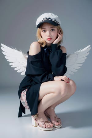 Uecla, 1girl in, Blonde hair, White background, hat, Dress, blue footwear, Wings, Simple background, signature, flower, nail polish, Wide sleeves, Long sleeves, blush, animal, white blossoms, Solo, Full body, Bird, Looking at Viewer, high-heels, hands on own cheeks, hand on own face, frilld, Bow, Bangs, bow ribbon, bell, blue headwear, +_+, sox, Short hair, grey  eyes, shoes, Blue Nails, Feathered wings, blue bow