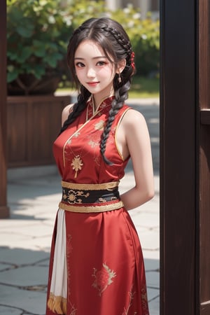 Jiaying, 16 years old oriental girl, two graceful braids, bright black eyes, sly smile, 
(from front, standing), arms behind back,
wearing a red traditional oriental costume with a black bel, fit , cute, mysterious, 
cowboy shot, dynamic pose, 
((shallow depth of field photography, looking at viewer)), outdoor