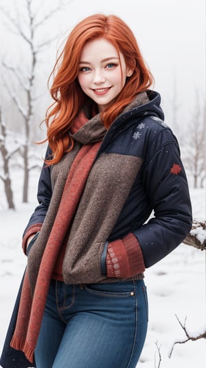 dragon girl, fantasy, irish, redhead, twinkle smile,
pure white background, looking at the viewer, 
winter clothes,
confident, strong, 
4K, 8K, shallow depth of field photography
