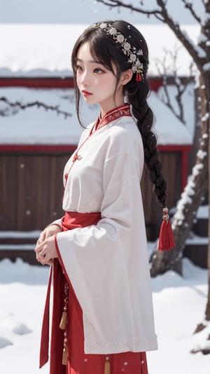Jiaying, two graceful braids, bright black eyes, wearing a red traditional oriental costume with a black bel, fit
, cute, mysterious
, standing, from side, looking away
, (shallow depth of field photography, snow background)
, (perfect fingers:1.1)