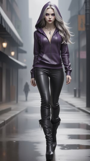 Reina, fantasy, 
wearing a pair of slim-fitting black leather pants, a dark purple hooded top, a silver necklace or bracelet, and a pair of black high-heeled boots,
eyes flashing with wildness and determination, long and messy, flowing hair, pale skin, deep eyes, slightly raised corners of the mouth, confident, contemptuous, slender and powerful body, muscular Tight, wild power