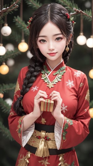 Jiaying, two graceful braids, bright black eyes, sly smile
, wearing a red traditional oriental costume with a black bel, fit
, cute, mysterious
, one of the hands hands ((the big gift))) to the viewer
,  (shallow depth of field photography,  looking at viewer, christmas atmosphere)
, (perfect fingers:1.1)