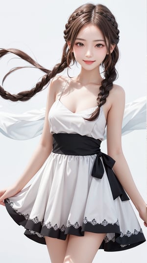 fantasy, 16 yo oriental girl, two graceful braids, bright black eyes, sly smile, 
4K, 8K, from front, standing, cowboy shot,
summer dress,
(looking at viewer, pure white background)