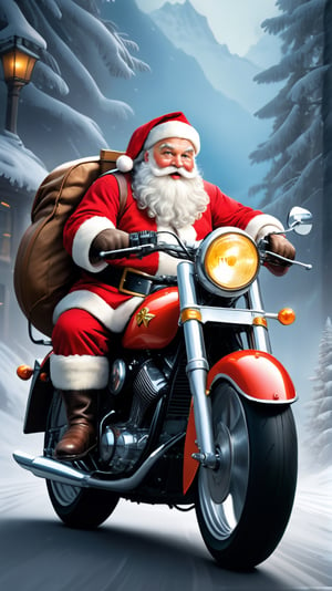 Santa Claus riding a motorcycle, (big bag), fantasy, high quality, high detail, 32k ,masterpiece