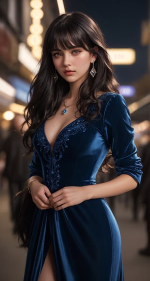 18 yo, 1 girl, beautiful uk girl, 
(from front:1.5), looking at the viewer,
dark eyes, calm expression, delicate facial features, ((model pose)), Glamor body type, (dark hair:1.2), simple tiny earrings, simple tiny necklace,very_long_hair, hair past hip, bangs, curly hair, 
night market background, ((shallow depth of field photography)), full_body, cowboy_shot, blue velvet gown, 
masterpiece, Best Quality, 16k, photorealistic, ultra-detailed, finely detailed, high resolution, perfect dynamic composition, beautiful detailed eyes, ((nervous and embarrassed)), sharp-focus