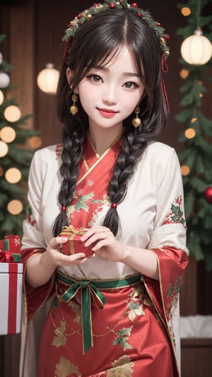 Jiaying, two graceful braids, bright black eyes, sly smile
, wearing a red traditional oriental costume with a black bel, fit
, cute, mysterious
, her hands hold gifts
,  (shallow depth of field photography,  looking at viewer, christmas atmosphere)