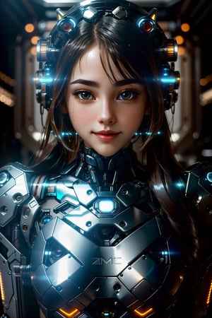 bionic robot Olivia, (mid body photo), beautiful lady AND cyberpunk robot, hyperdetailed face, symmetrical face, shallow depth of field photography, cute smile, z1l4