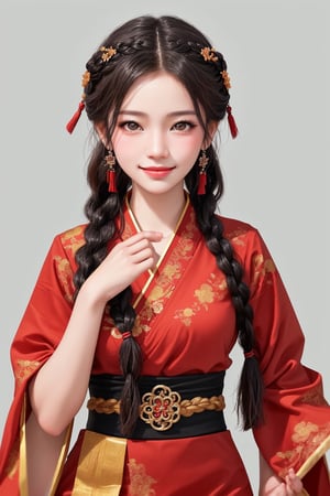 Jiaying, 16 years old oriental girl, two graceful braids, bright black eyes, sly smile , 
wearing a red traditional oriental costume with a black bel, fit , cute, mysterious, 
cowboy shot, dynamic pose, 
(shallow depth of field photography, looking at viewer, simple background)