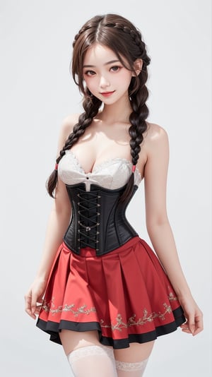 fantasy, 16 yo oriental girl, two graceful braids, bright black eyes, sly smile, 
4K, 8K, from front, standing pose, cowboy shot,
wears corset and renaissance skirt, in a fashion way,
(looking at viewer, pure white background)