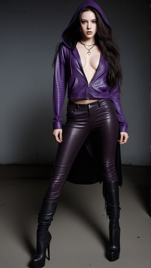 Reina, fantasy, 
wearing a pair of slim-fitting black leather pants, a dark purple hooded top, a silver necklace or bracelet, and a pair of black high-heeled boots,
eyes flashing with wildness and determination, long and messy, flowing hair, pale skin, deep eyes, slightly raised corners of the mouth, confident, contemptuous, slender and powerful body, muscular Tight, wild power,xxmixgirl,eyes shoot