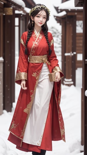 Jiaying, two graceful braids, bright black eyes, sly smile
, wearing a red traditional oriental costume with a black bel, fit
, cute, mysterious
, laurel wreath, her hands hold a big gift
,  (shallow depth of field photography,  looking at viewer, snow background)
, (perfect fingers:1.1)