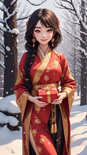 Jiaying, two graceful braids, bright black eyes, sly smile
, wearing a red traditional oriental costume with a black bel, fit
, cute, mysterious
, her hands hold a big gift
,  (shallow depth of field photography,  looking at viewer, snow background)
, (perfect fingers:1.1)