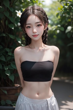 Jiaying, 16 years old oriental girl, two graceful braids, bright black eyes, sly smile, perfect light,
(from front, standing), arms behind back,
wearing tube top, fit , cute, mysterious, 
cowboy shot, dynamic pose, 
((shallow depth of field photography, looking at viewer)), outdoor