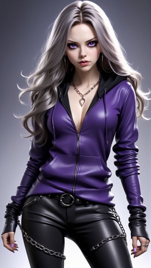Reina, fantasy, 
wearing a pair of slim-fitting black leather pants, a dark purple hooded top, a silver necklace or bracelet, and a pair of black high-heeled boots,
eyes flashing with wildness and determination, long and messy, flowing hair, pale skin, deep eyes, slightly raised corners of the mouth, confident, contemptuous, slender and powerful body, muscular Tight, wild power
