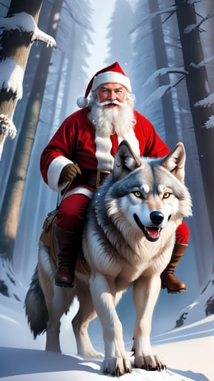 Santa Claus riding a giant wolf, big bag, fantasy, high quality, high detail, 32k ,masterpiece