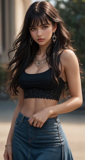 18 yo, 1 girl, beautiful uk girl, 
(from front:1.5), looking at the viewer,
dark eyes, calm expression, delicate facial features, ((model pose)), Glamor body type, (dark hair:1.2), simple tiny earrings, simple tiny necklace,very_long_hair, hair past hip, bangs, curly hair, 
((shallow depth of field photography)), full_body, cowboy_shot, tight top, high waisted maxi skirt, 
masterpiece, Best Quality, 16k, photorealistic, ultra-detailed, finely detailed, high resolution, perfect dynamic composition, beautiful detailed eyes, ((nervous and embarrassed)), sharp-focus