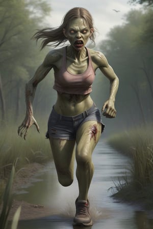 running girl, zombie body, (master piece:1.4), (hyper quality:1.2), (Hyper Detailed:1.4), (Perfect drawing) ,nfsw, 3D, 16K, ((clear face)), (Hi-Res), (highway:1.2), (swamp monster:1.5), perfect beautiful girl, perfect photo