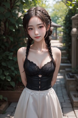 Jiaying, 16 years old oriental girl, two graceful braids, bright black eyes, sly smile, perfect light,
(from front, standing), arms behind back,
wearing bustier, fit , cute, mysterious, 
cowboy shot, dynamic pose, 
((shallow depth of field photography, looking at viewer)), outdoor