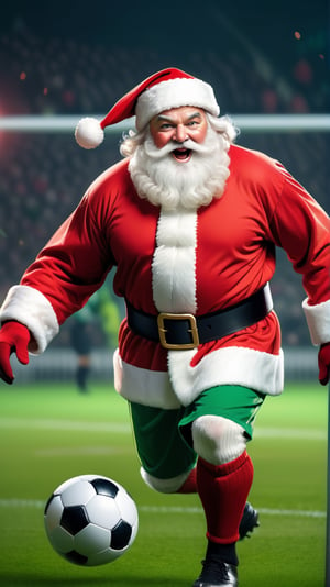 Santa Claus plays football on the green field, wearing a red and green jersey, attacking the opponent's goal, fantasy, high quality, high detail, 32k ,masterpiece