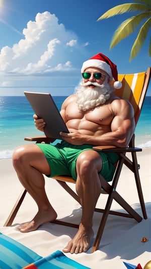 Santa Claus is sunbathing on the southern beach, Santa hat, beach chair, green shorts, sunglasses, bronzed skin, fantasy, high quality, high detail, 32k ,masterpiece