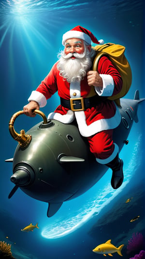 Santa Claus drives a submarine, ((big bag)), fantasy, high quality, high detail, 32k ,masterpiece, detailed eyes
