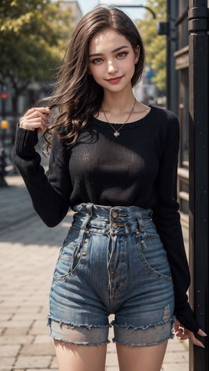 vampire Venita, fantasy, ((13 year old)), Romanian girls, 
((cowshot)), looking at the viewer, smile, long black curly hair, skin as fair as jade, hyperdetailed face,
4K, 8K, (((shallow depth of field photography))), waist and hips,
100% Cashmere Crewneck Sweater