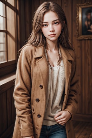 hunter Lena, fantasy, eighteen years old argentine girls, brown hair, 
looking at the viewer, hyper-detailed face, perfect eyes and nose and lips, 
((cowboy shot)), wool coat, 
((shallow depth of field photography)), 4k, Unreal Engine 5, pop, elegant, pure