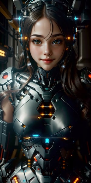 bionic robot Olivia, (mid body photo), beautiful lady AND cyberpunk robot, hyperdetailed face, shallow depth of field photography, cute smile, z1l4