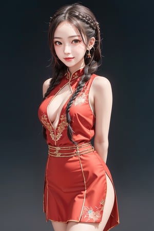 Jiaying, 16 years old oriental girl, two graceful braids, bright black eyes, sly smile, 
arms behind back, thigh,
wearing a red traditional oriental costume with a black bel, fit , cute, mysterious, 
cowboy shot, dynamic pose, 
(shallow depth of field photography, looking at viewer, simple background)