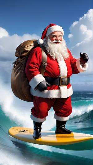Santa Claus on a surfboard, ((big bag)), fantasy, high quality, high detail, 32k ,masterpiece