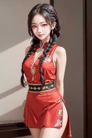 Jiaying, 16 years old oriental girl, two graceful braids, bright black eyes, sly smile, 
from front, arms behind back, thigh,
wearing a red traditional oriental costume with a black bel, fit , cute, mysterious, 
cowboy shot, dynamic pose, 
(shallow depth of field photography, looking at viewer)