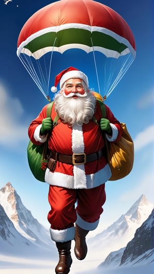 Santa Claus parachute, ((big bag)), fantasy, high quality, high detail, 32k ,masterpiece