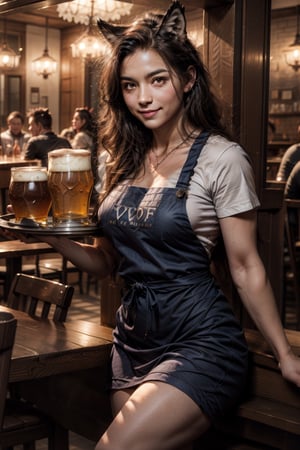 werewolf waitress with wolf ears, , clad in a traditional apron and carrying a tray of frothy beer mugs, music restaurant background , shallow depth of field photography, detailed eyes, charming smile, , leaning back