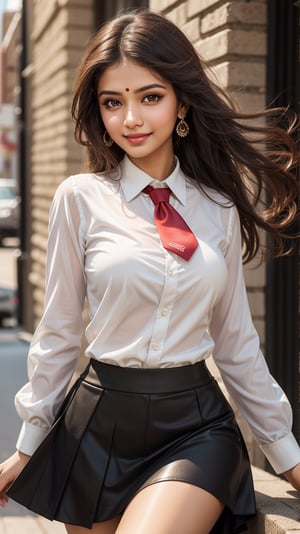 dancer Monica, Indian beauty, young, (glamour:1.3), 
from front, looking at the viewer, full_body, cowboy_shot, black skirt, shirt, long sleeves, white shirt, red necktie,
detailed eyes, glowing skin, dynamic pose, tantalizing glimpse, sweet smile, hyperdetailed face, shallow depth of field photography