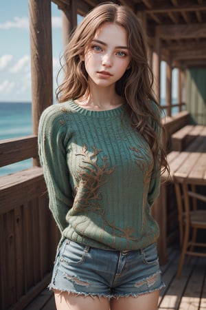 hunter Lena, fantasy, sixteen years old argentine girls, brown hair, arms behind back,
looking at the viewer, hyper-detailed face, perfect eyes and nose and lips, 
((cowboy shot)), Coastal Green zip through sweater,
((shallow depth of field photography)), 4k, Unreal Engine 5, pop, elegant, pure