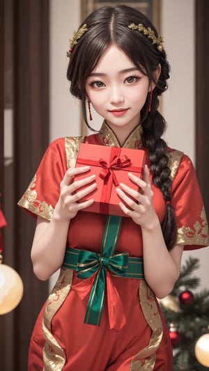 Jiaying, two graceful braids, bright black eyes, sly smile
, wearing a red traditional oriental costume with a black bel, fit
, cute, mysterious
, her hands held a (huge gift:1.3)
,  (shallow depth of field photography,  looking at viewer, christmas atmosphere)
, (perfect fingers:1.1)