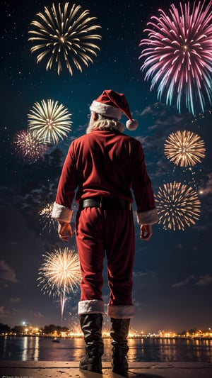 A vibrant scene with Santa Claus looking into the distance, celebrating the arrival of the New Year. Back view. This painting will capture the energy and spirit of the occasion, with colorful fireworks bursting into the night sky.