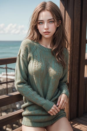 hunter Lena, fantasy, eighteen years old argentine girls, brown hair, 
looking at the viewer, hyper-detailed face, perfect eyes and nose and lips, 
((cowboy shot)), Coastal Green zip through sweater, 
((shallow depth of field photography)), 4k, Unreal Engine 5, pop, elegant, pure