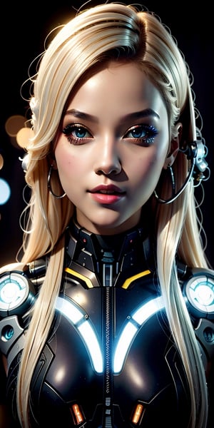 bionic robot Olivia, sexy 18 year old girl AND cyberpunk robot body, hyperdetailed face, shallow depth of field photography, cute smile, dynamic pose, fantasy, (photorealistic:1.3), bokeh, digital illustration, blonde hair