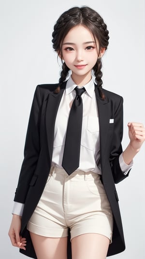 fantasy, 16 yo oriental girl, two graceful braids, bright black eyes, sly smile, 
4K, 8K, from front, standing, cowboy shot,
high school student, blazer uniform, clenched fist,
(looking at viewer, pure white background)