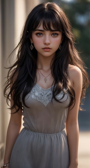 18 yo, 1 girl, beautiful uk girl, 
(from front:1.5), (looking at the viewer:1.5), dark eyes, calm expression, delicate facial features, Glamor body type, (dark hair:1.2), simple tiny earrings, simple tiny necklace,very_long_hair, hair past hip, bangs, curly hair, 
((shallow depth of field photography)), full_body, cowboy_shot,
masterpiece, Best Quality, 16k, photorealistic, ultra-detailed, finely detailed, high resolution, perfect dynamic composition, beautiful detailed eyes, ((nervous and embarrassed)), sharp-focus