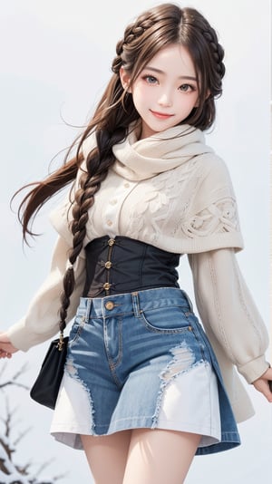 fantasy, 16 yo oriental girl, two graceful braids, bright black eyes, sly smile, 
4K, 8K, from front, standing, cowboy shot,
winter clothes,
(looking at viewer, pure white background)