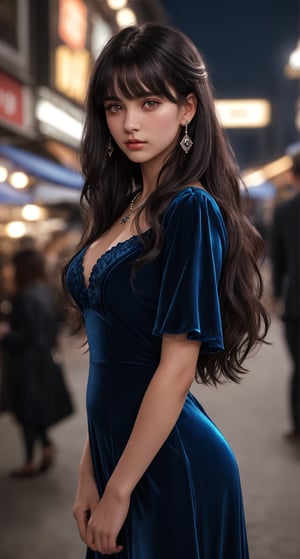18 yo, 1 girl, beautiful uk girl, 
from front, looking at the viewer,
dark eyes, calm expression, delicate facial features, ((model pose)), Glamor body type, (dark hair:1.2), simple tiny earrings, simple tiny necklace,very_long_hair, hair past hip, bangs, curly hair, 
night market background, ((shallow depth of field photography)), full_body, cowboy_shot, blue velvet gown, 
masterpiece, Best Quality, 16k, photorealistic, ultra-detailed, finely detailed, high resolution, perfect dynamic composition, beautiful detailed eyes, ((nervous and embarrassed)), sharp-focus
