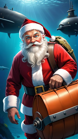 Santa Claus drives a submarine, ((big bag)), fantasy, high quality, high detail, 32k ,masterpiece, detailed eyes