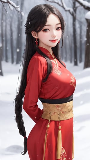 Jiaying, two graceful braids, bright black eyes, sly smile
, wearing a red traditional oriental costume with a black bel, fit
, cute, mysterious
, arms behind back
,  (shallow depth of field photography,  looking at viewer, snow background)
, (perfect fingers:1.1)