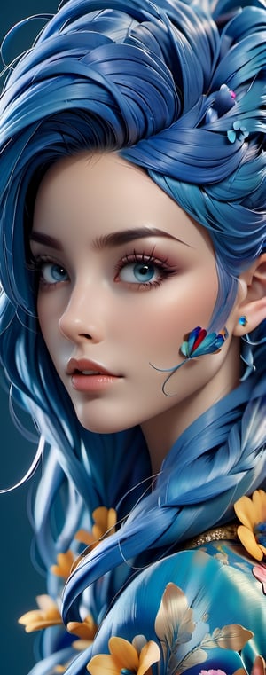 Intricate image of a Beautiful floral girl with flowy flowe-like blue hair, work of beauty and complexity, hyperdetailed facial features, 8k UHD, close-up, alberto seveso style 