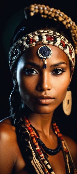 chiaroscuro style beautiful tribal women portait . high contrast, dramatic lighting, detailed