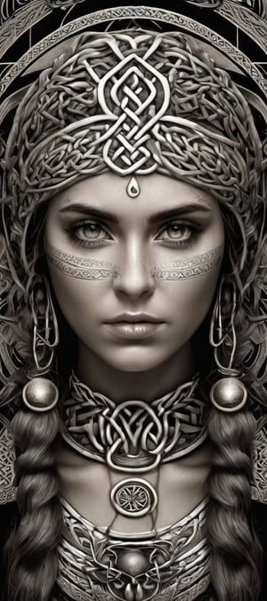 Celtic style beautiful tribal women portait . geometric patterns, intricate knots, medieval, highly detailed
